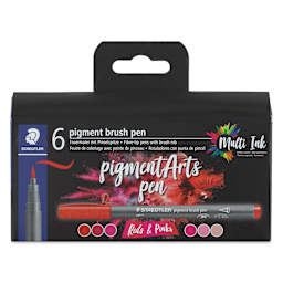 Staedtler Pigment Arts Brush Pens - Reds and Pinks, Set of 6, front of the packaging