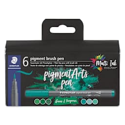 Staedtler Pigment Arts Brush Pens - Greens and Turquoises, Set of 6, front of the packaging