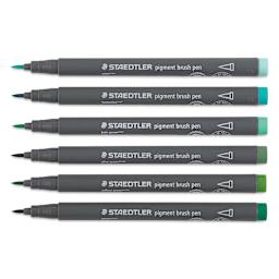 Staedtler Pigment Arts Brush Pens - Greens and Turquoises, Set of 6 pens laid out with caps off