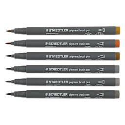 Staedtler Pigment Arts Brush Pens - Greys and Caramels, Set of 6 pens laid out with caps off