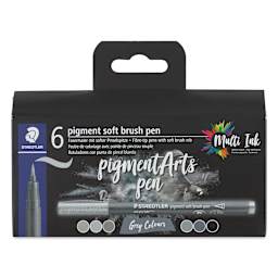 Staedtler Pigment Arts Soft Brush Pens - Grey Colors, Set of 6, front of the packaging