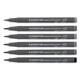 Staedtler Pigment Arts Soft Brush Pens - Grey Colors, Set of 6 pens laid out with caps off