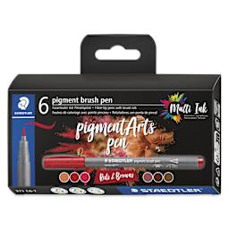 Staedtler Pigment Arts Brush Pens - Red and Browns, Set of 6, front of the packaging