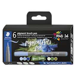 Staedtler Pigment Arts Brush Pens - Blue and Greens, Set of 6, front of the packaging