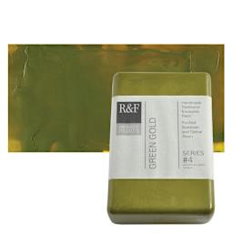 R&F Encaustic Paint Block - Green Gold, 333 ml block and swatch