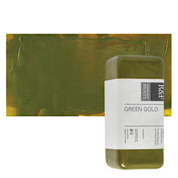 R&F Encaustic Paint Block - Green Gold, 104 ml block and swatch