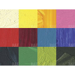R&F Pigment Sticks - Set of 12 with Gessobord, Painter's Dozen, 38 ml, swatch grid