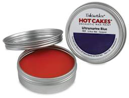 Enkaustikos Hot Cakes Encaustic Paint - Blue and Red tin shown with lid off Red Tin