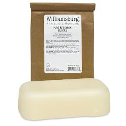 Williamsburg Pure Beeswax - Front of package with Block of Beeswax in front
