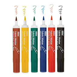 Marvy Fabric Brush Markers - Basic Colors, six markers out of packaging with cap off