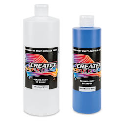 Createx Acrylics - Front of White Quart and Blue Pint bottles shown