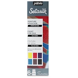 Pebeo Setasilk Silk Fabric Paint Set - Initiation, Set of 6, Assorted Colors, 20 ml, Bottle (Front of packaging with color chart)