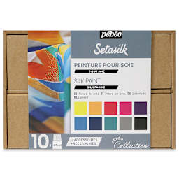 Pebeo Setasilk Silk Fabric Paint Set - Collection Case, Set of 10, Assorted Colors, 45 ml, Bottle (Side of packaging with color chart)
