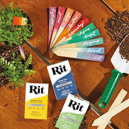Rit Dye Powder - Top view of Dyed plant name stakes with dye boxes