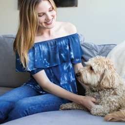 Rit DyeMore Synthetic Fiber Dye - Midnight Navy, 7 oz applied to off-the-shoulder top