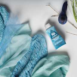 Rit DyeMore Synthetic Fiber Dye - Kentucky Sky, 7 oz, assorted frabrics dyed