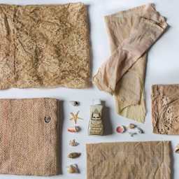 Rit DyeMore Synthetic Fiber Dye - Sandstone, 7 oz, assorted dyed fabrics