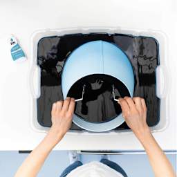 Rit All Purpose Liquid Dye - Evening Blue, 8 oz, submerging lamp top in dyed water