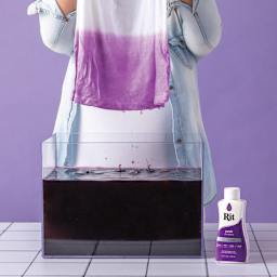 Rit All Purpose Liquid Dye - Purple, 8 oz, dipping fabric in dyed water