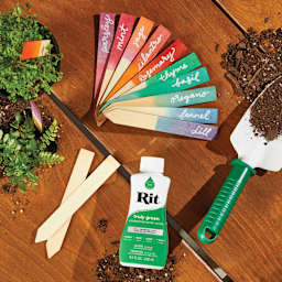 Rit All Purpose Liquid Dye - Truly Green, 8 oz applied to wood stick for gardening, along with other colors