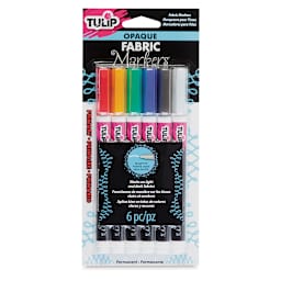 Tulip Opaque Bullet Tip Fabric Markers - Front of blister package of 6 Primary colors