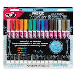 Tulip Opaque Bullet Tip Fabric Markers - Front of blister package of 15 Rainbow Markers