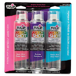 Tulip ColorShot Instant Fabric Color Spray - Front of blister package of 3 pc Bright Colors Set