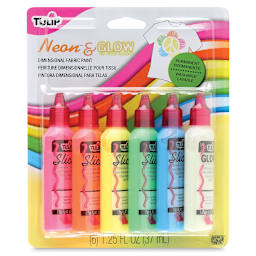 Tulip Dimensional Fabric Paint, Front view of Set of 6 Neon and Glow in the Dark Paints in package