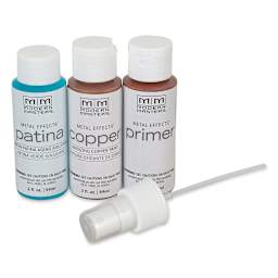 Metal Effects Patina Oxidizing Finish Kit, Green Patina bottles of primer and solution
