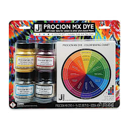 Jacquard Procion MX Fiber Reactive Cold Water Dye - Starter Set, Set of 4, 2/3 oz Jars (Front of packaging)