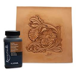 Realeather One Step Leather Dressing - Dark Brown, 4 oz bottle with flower embossed in leather