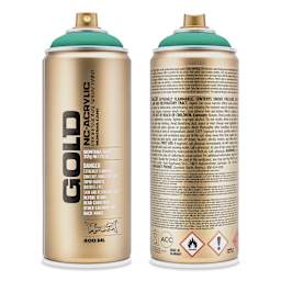 Montana Gold Acrylic Professional Spray Paint - Active Cyan, 400 ml can (Front and back of can)