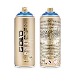 Montana Gold Acrylic Transparent Spray Paint - Transparent Ultramarine, 400 ml, front and back of can