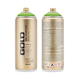 Montana Gold Acrylic Professional Spray Paint - Shock Green Light, 400 ml (Front and back of spray can)