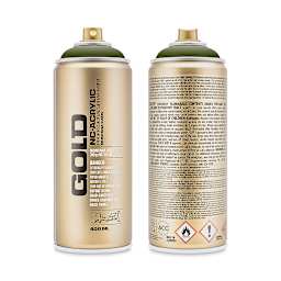 Montana Gold Acrylic Professional Spray Paint - Olive Green, 400 ml (Front and back of spray can)