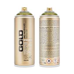 Montana Gold Acrylic Transparent Spray Paint - Transparent Olive Green, 400 ml, front and back of can