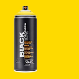 Montana Black Spray Paint - Power Yellow, 400 ml can with swatch