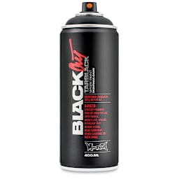 Montana Blackout Tarblack Spray Paint - Front of uncapped can shown