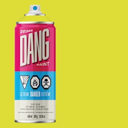 Dang Prime Spray Paint - Acid Yellow, 400 ml can and swatch