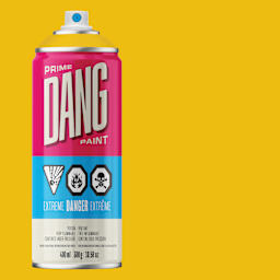 Dang Prime Spray Paint - Signal Yellow, 400 ml can and swatch