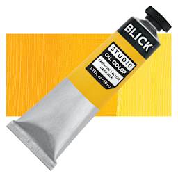 Blick Studio Oil Paint - Cadmium Yellow Deep Hue, 40 ml tube and swatch