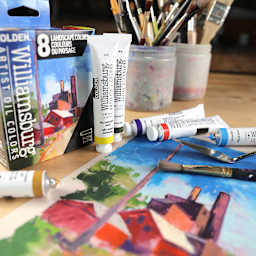Williamsburg Handmade Oil Paints - Set of 8, Landscape, 22 ml Tubes, contents on desk