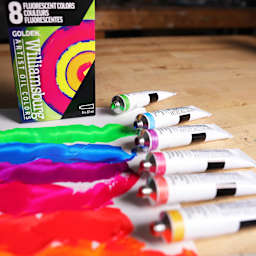 Williamsburg Handmade Oil Paints - Set of 8, Fluorescent, 22 ml Tubes, contents on desk