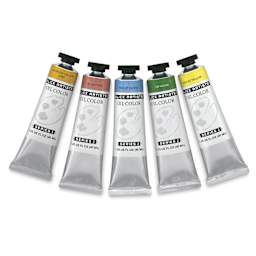 Blick Artists' Oil Paints - Cadmium Yellow Deep, Blush Tint, Violet Pastel, Sap Green, and Naples Yellow 40 ml tubes