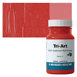 Tri-Art High Viscosity Artist Acrylic - C.P. Cadmium Red Deep, 120 ml jar and swatch