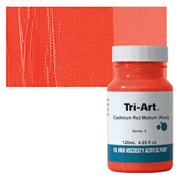 Tri-Art High Viscosity Artist Acrylic - Cadmium Red Medium Hue, 120 ml jar and swatch