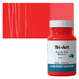 Tri-Art High Viscosity Artist Acrylic - Pyrrole Red Medium, 120 ml jar and swatch