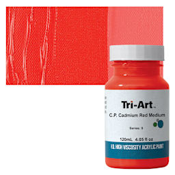 Tri-Art High Viscosity Artist Acrylic - C.P. Cadmium Red Medium, 120 ml jar and swatch