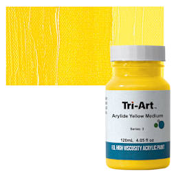 Tri-Art High Viscosity Artist Acrylic - Arylide Yellow Medium, 120 ml jar and swatch