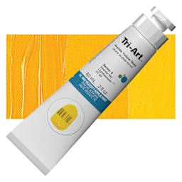 Tri-Art High Viscosity Artist Acrylic - Arylide Yellow Deep, 60 ml tube and swatch